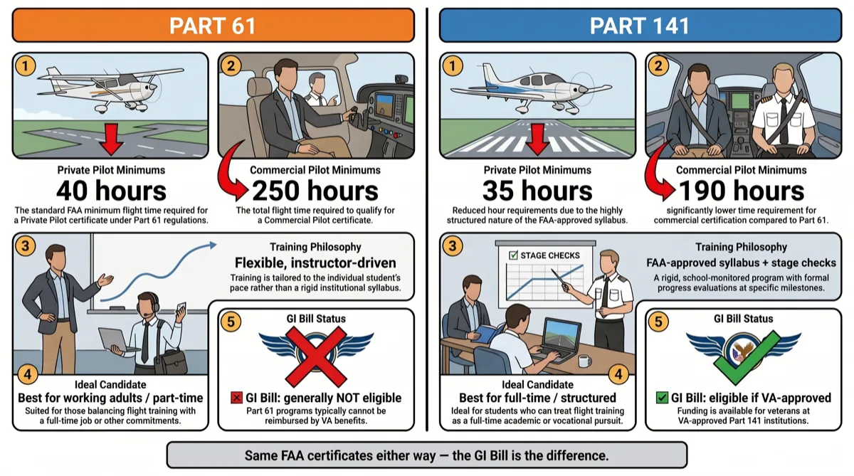 Side-by-side comparison of Part 61 and Part 141 flight training for veterans: hour minimums, structure, flexibility, and GI Bill eligibility Side-by-side comparison of Part 61 and Part 141 flight training for veterans: hour minimums, structure, flexibility, and GI Bill eligibility