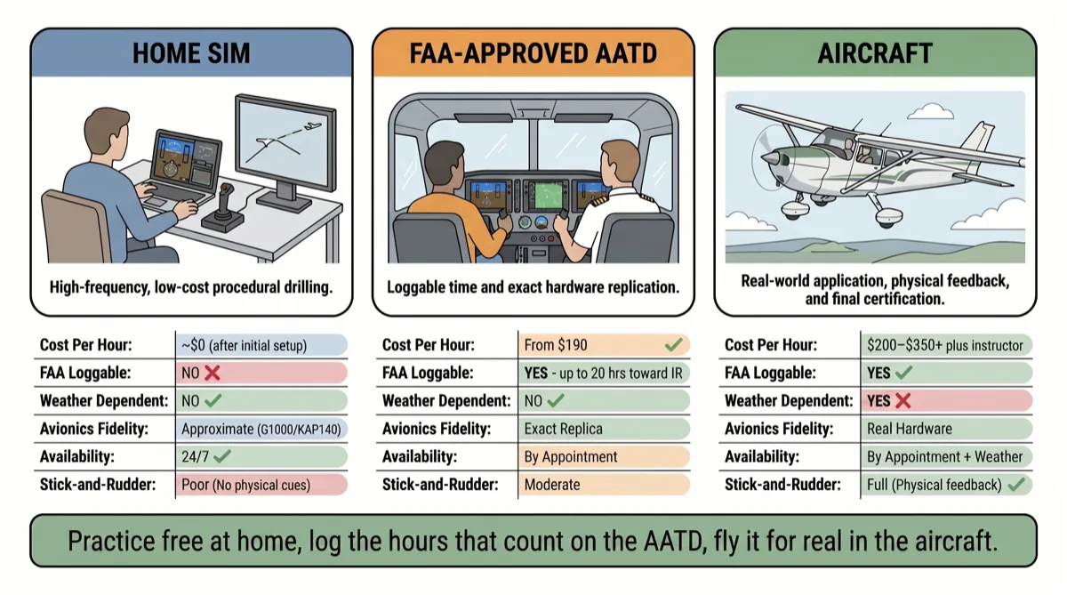 Home simulator vs FAA-approved AATD vs aircraft comparison for instrument training Three-way comparison of a home simulator, an FAA-approved AATD, and an aircraft across cost per hour, FAA loggability, weather dependence, avionics fidelity, availability, and stick-and-rudder value