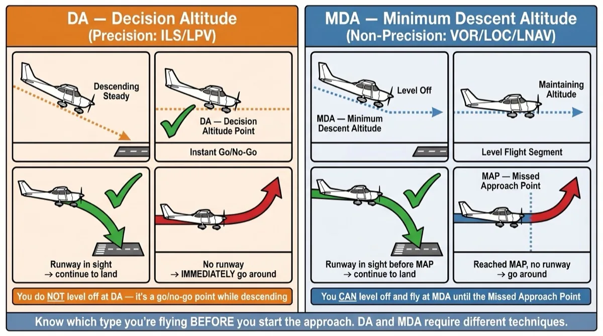Decision altitude versus minimum descent altitude comparison showing precision ILS descent and non-precision VOR level-off techniques