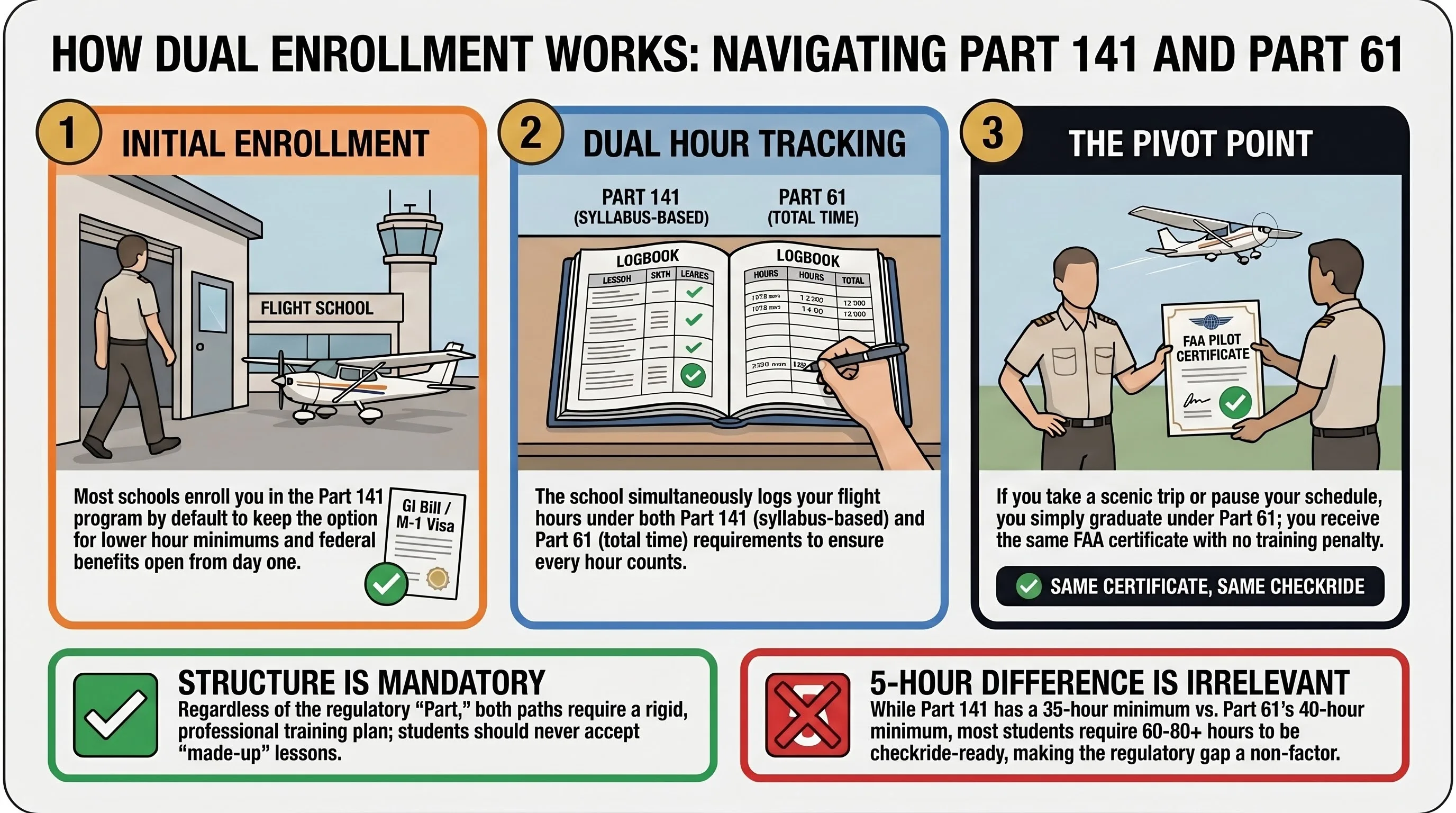 How dual enrollment works at flight schools with both Part 141 and Part 61 certificates. Step 1: school enrolls you in Part 141 by default. Step 2: school tracks hours under both programs. Step 3: if you go off-syllabus, you graduate under Part 61 with the same FAA certificate.
