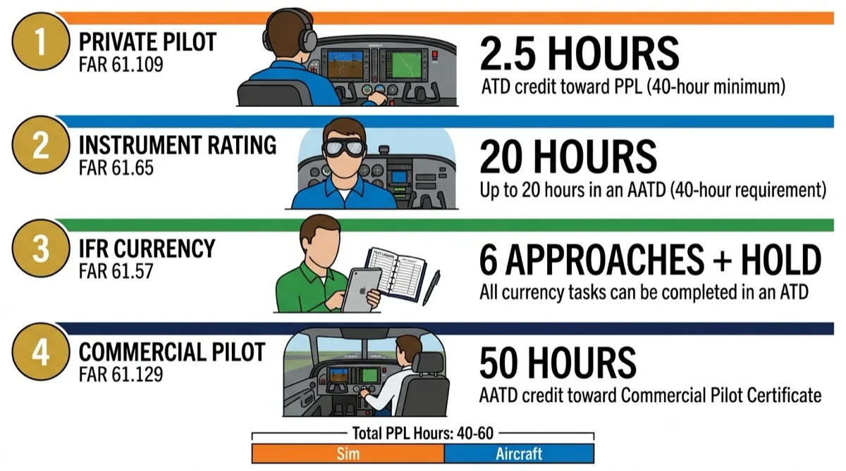 FAA simulator hour credits showing 2.5 hours for PPL, 20 hours for instrument rating, IFR currency eligibility, and 50 hours for commercial pilot