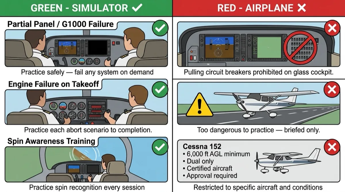 Comparison of training scenarios available in a flight simulator versus an airplane showing partial panel, engine failure, and spin training