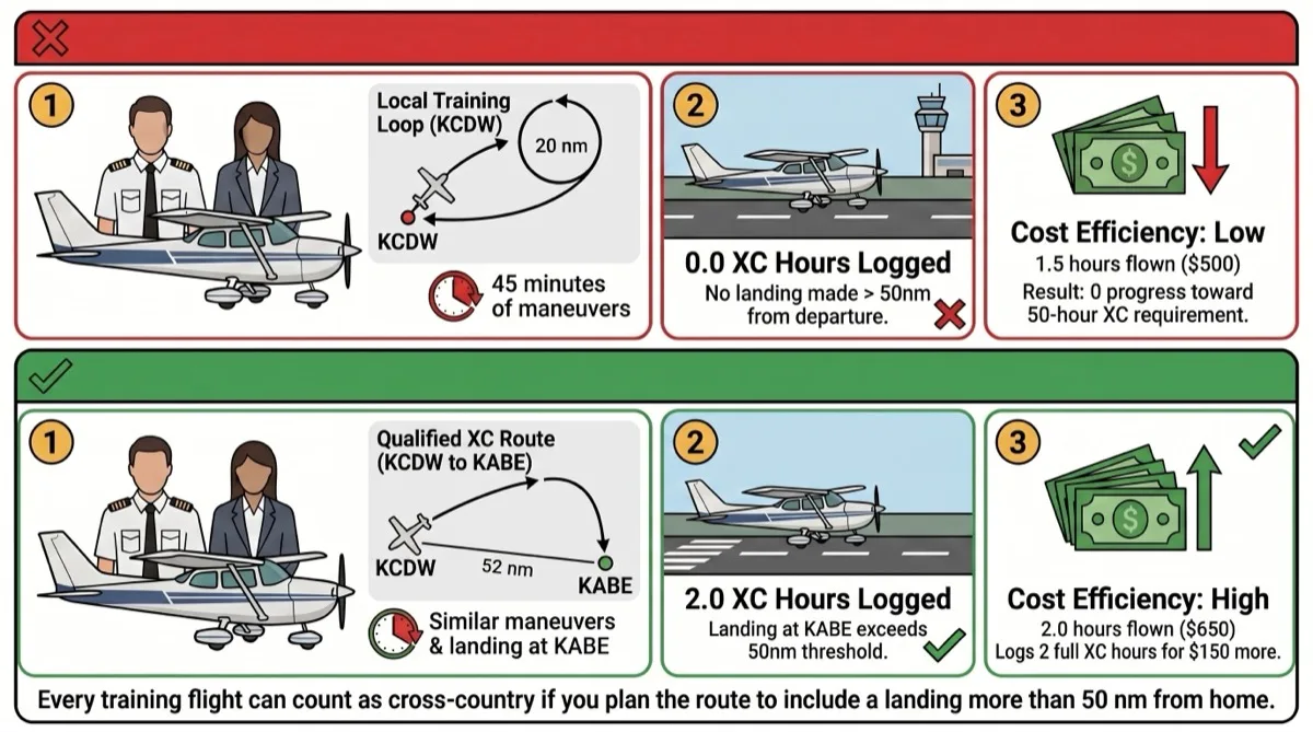 Comparison of inefficient local training loop with zero cross-country credit versus the double-up strategy routing through KABE at 52 nautical miles, where the entire flight logs as cross-country time