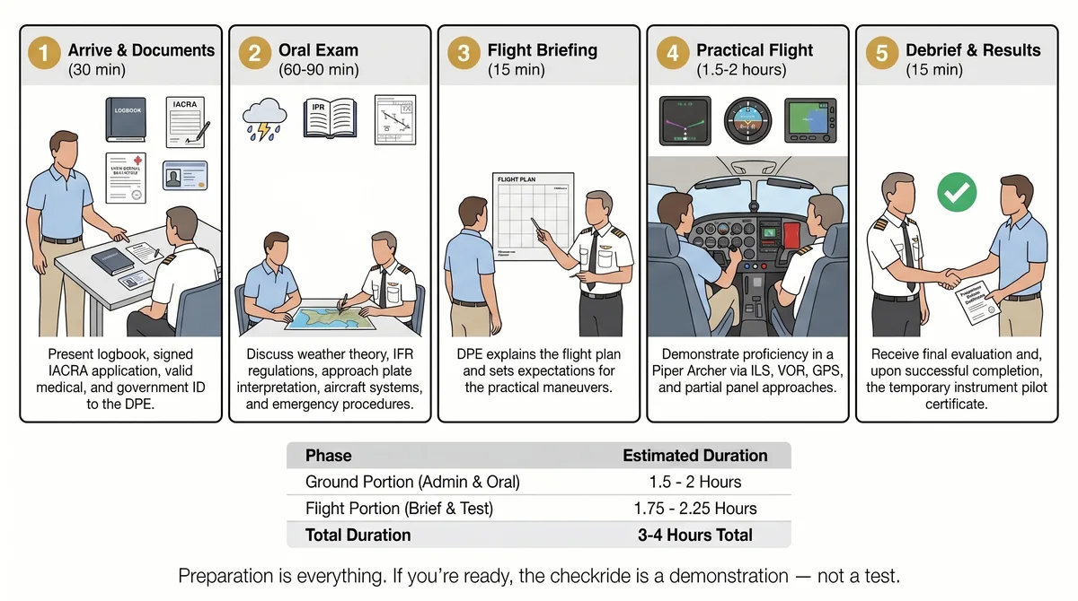 Instrument rating checkride day timeline showing five phases: document review at 30 minutes, oral exam at 60 to 90 minutes, flight briefing at 15 minutes, practical flight test at 1.5 to 2 hours, and debrief with results at 15 minutes, totaling 3 to 4 hours