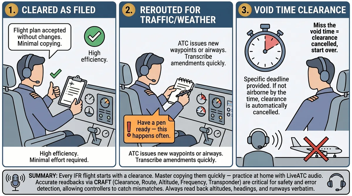 Three common IFR clearance scenarios: cleared as filed with minimal copying, rerouted for traffic or weather requiring quick transcription of new waypoints, and void time clearance at non-towered airports with a departure deadline