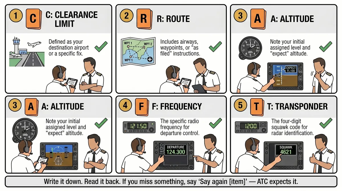 CRAFT IFR clearance mnemonic showing five elements: C for clearance limit with destination airport, R for route with airways and waypoints, A for altitude with initial and expected levels, F for frequency for departure control, and T for transponder squawk code, with pilot copying clearance on kneeboard