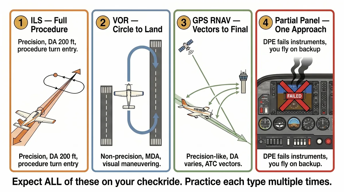 Four instrument approach types flown during a checkride: ILS full procedure at 200 feet decision altitude, VOR circle to land with visual maneuvering, GPS RNAV vectors to final with varying decision altitude, and partial panel approach with failed instruments