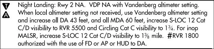 Approach chart notes section showing night landing restrictions, VDP requirements, and alternate altimeter settings for ILS Runway 12 at Santa Maria