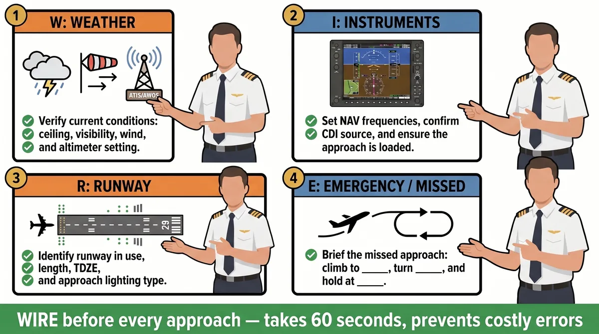 WIRE approach briefing checklist showing four steps: W for weather including ceiling, visibility, wind and altimeter setting from ATIS or AWOS; I for instruments including NAV frequencies, CDI source and approach loaded; R for runway including runway in use, length, TDZE and approach lighting type; E for emergency and missed approach procedure including climb altitude, turn direction and holding fix