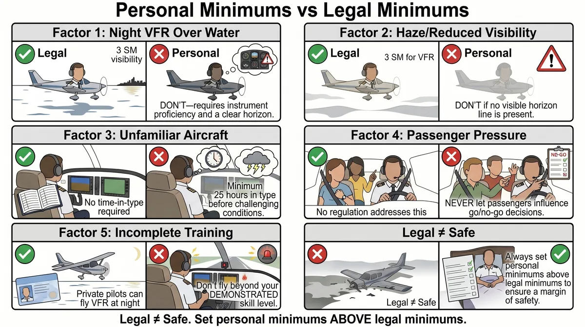 Personal minimums versus legal minimums comparison showing five factors: night VFR over water where legal 3 statute mile visibility is insufficient without instrument proficiency, haze and reduced visibility, unfamiliar aircraft requiring minimum 25 hours in type, passenger pressure that no regulation addresses, and incomplete training where legal does not mean safe