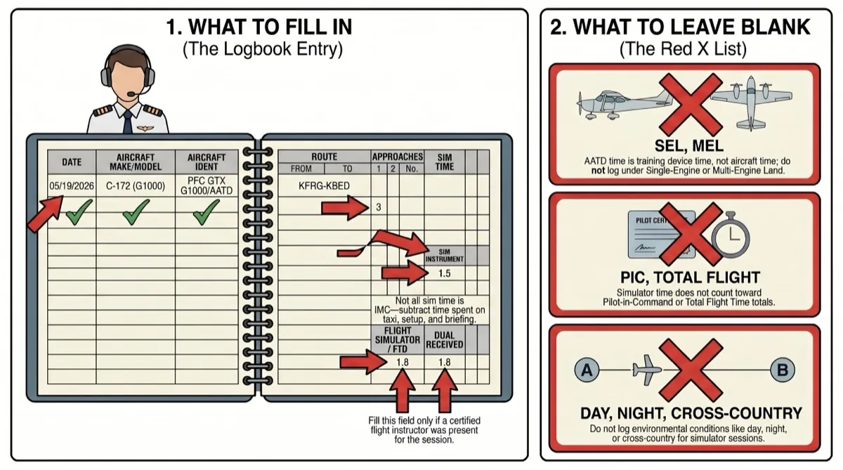 Example logbook entry showing how to record a simulator IFR training session with approach types, holds, and tracking tasks per FAR 61.57 requirements Example logbook entry showing how to record a simulator IFR training session with approach types, holds, and tracking tasks per FAR 61.57 requirements