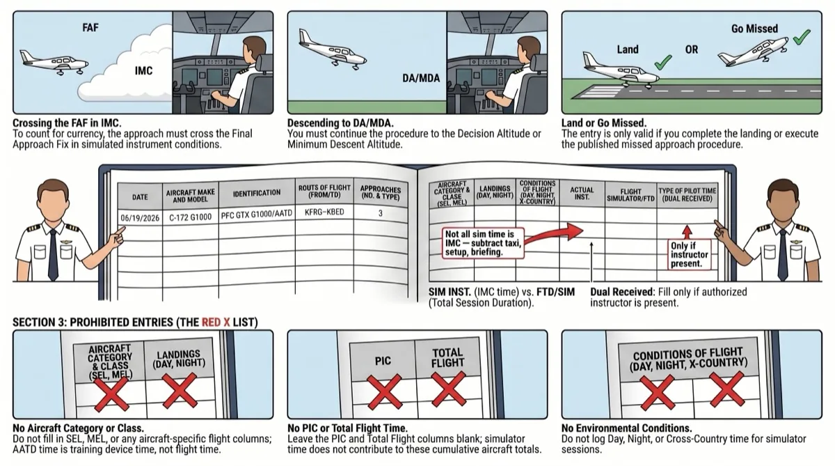 Step-by-step process for pilots logging simulator instrument approaches: verify device approval, record approach type, note holding and tracking tasks, and get instructor sign-off Step-by-step process for pilots logging simulator instrument approaches: verify device approval, record approach type, note holding and tracking tasks, and get instructor sign-off
