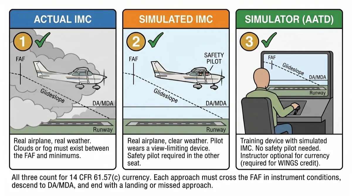 Three ways to log an instrument approach for IFR currency: actual IMC in a real airplane, simulated IMC with foggles and safety pilot, or AATD flight simulator Three ways to log an instrument approach for IFR currency: actual IMC in a real airplane, simulated IMC with foggles and safety pilot, or AATD flight simulator