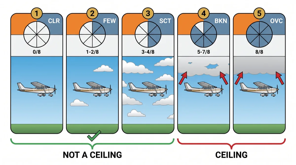 CLR, FEW, SCT, BKN and OVC sky cover shown in eighths of the sky, with only broken and overcast marked as a ceiling CLR, FEW, SCT, BKN and OVC sky cover shown in eighths of the sky, with only broken and overcast marked as a ceiling