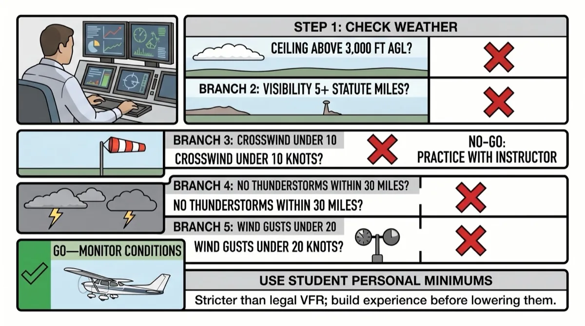 Student pilot go/no-go weather decision checklist covering ceiling minimums, visibility requirements, crosswind limits, and personal weather minimums