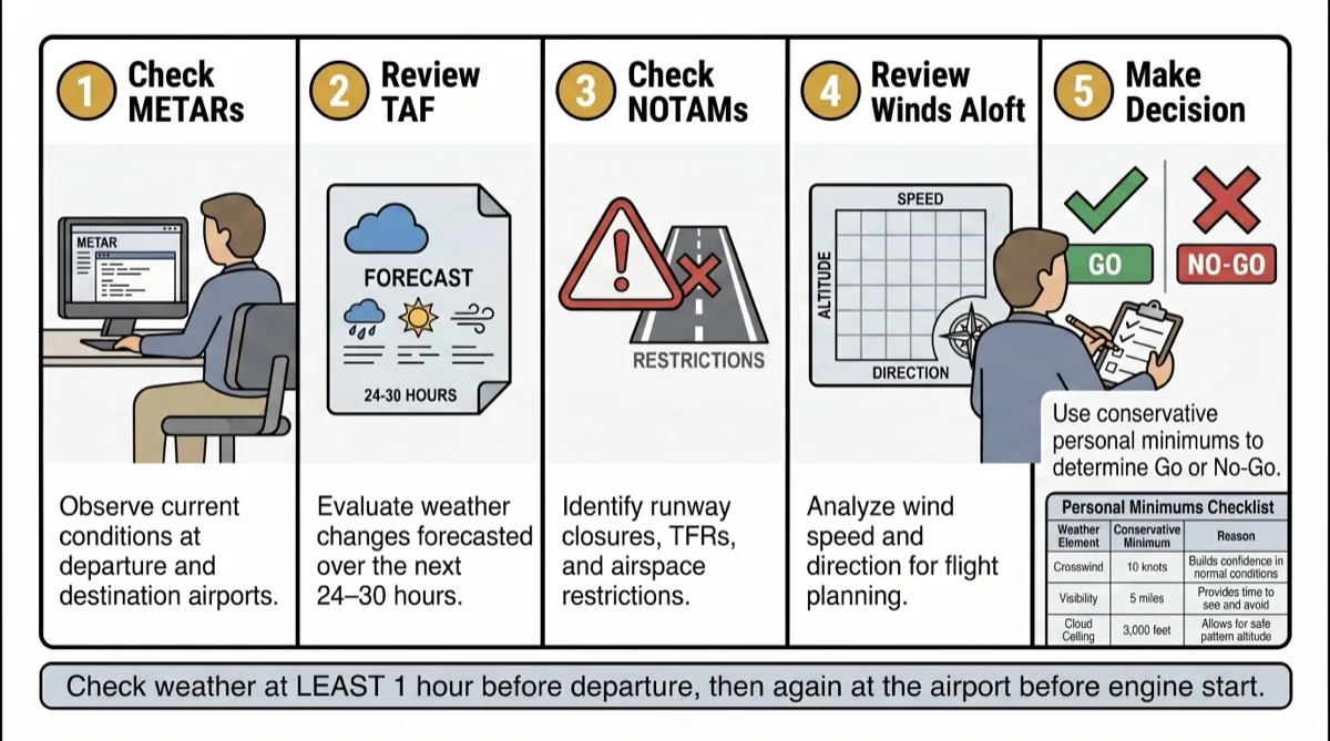 Pre-flight weather briefing workflow for student pilots showing how to gather METARs, TAFs, NOTAMs, and winds aloft data before a training flight