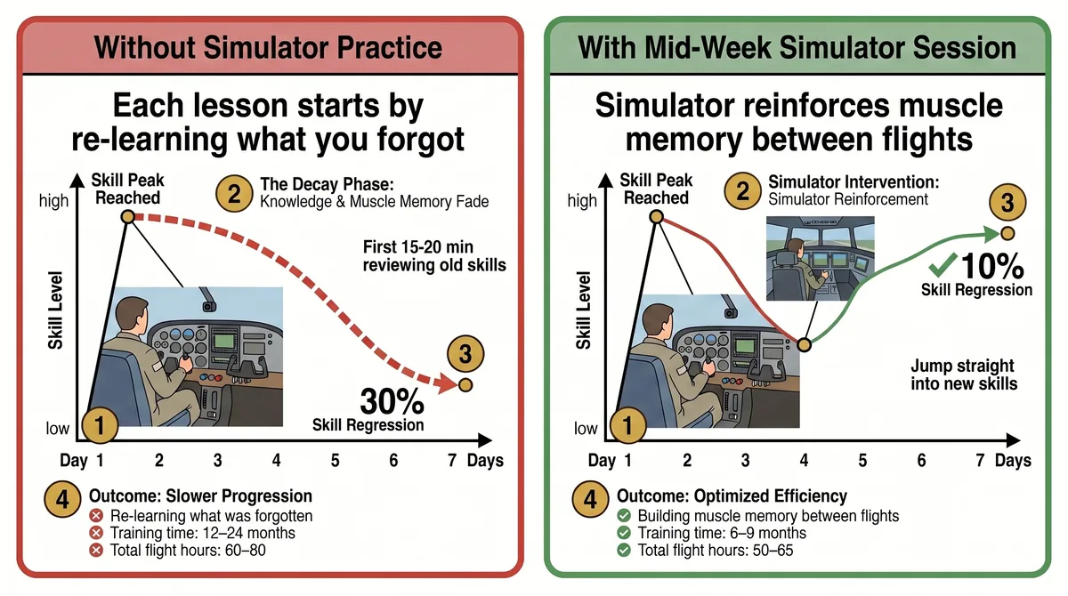 Skill retention comparison: without simulator practice skills drop 30% vs 10% with mid-week simulator session