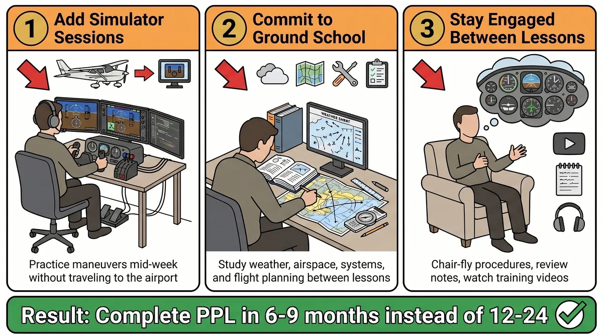 Three-step strategy for once-weekly training: add simulator sessions, commit to ground school, stay engaged between lessons