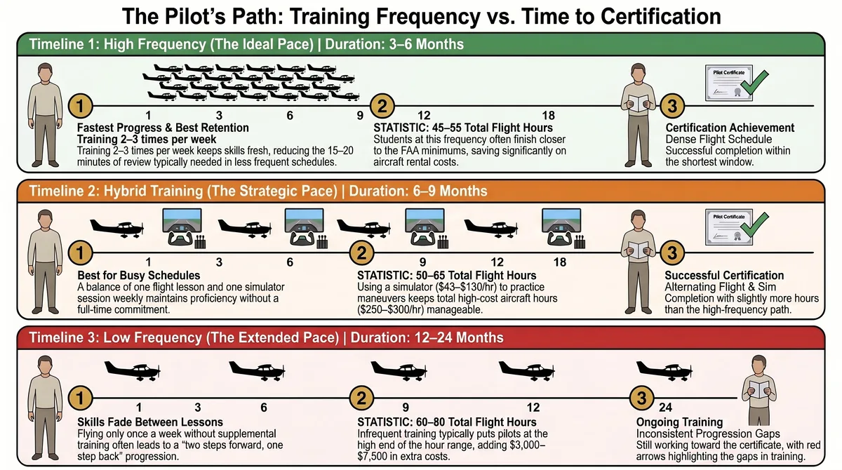 Training frequency comparison: 2-3 lessons per week takes 3-6 months, 1 lesson plus simulator takes 6-9 months, 1 lesson only takes 12-24 months