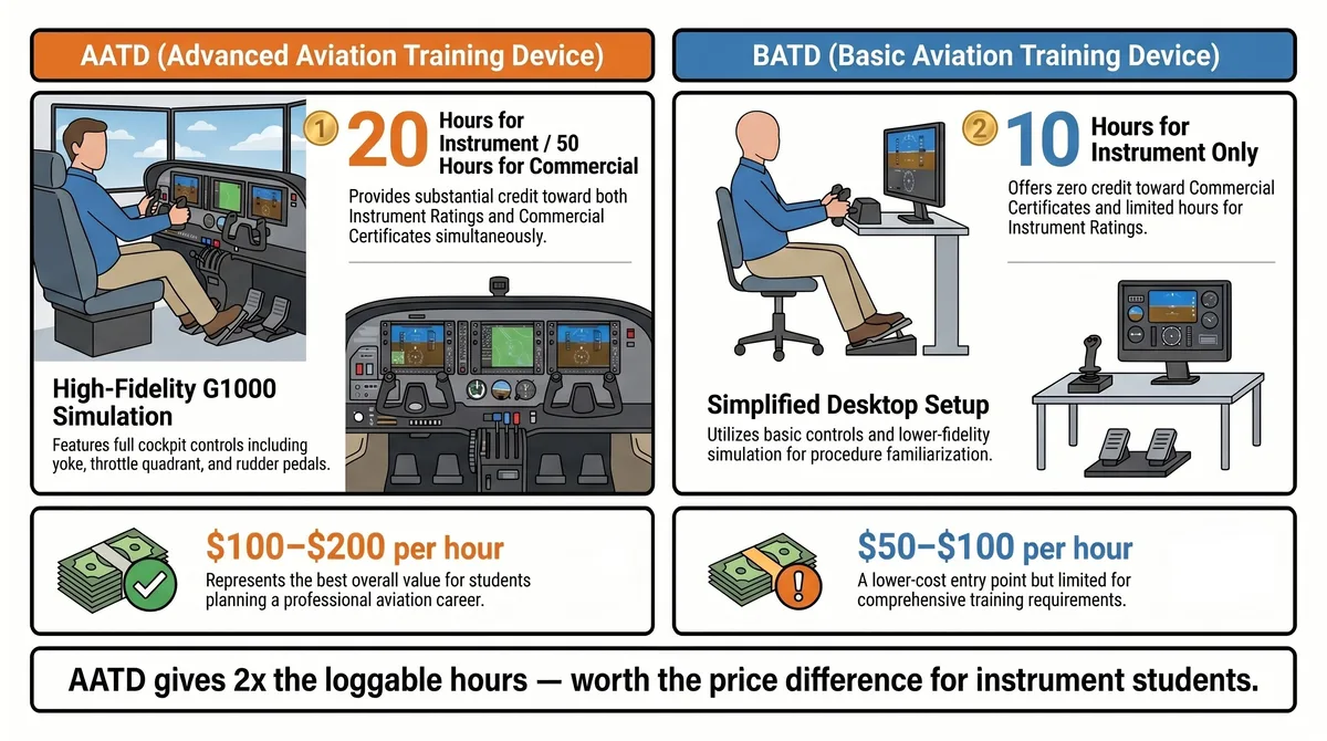 AATD versus BATD comparison showing Advanced Aviation Training Device allows 20 hours toward instrument rating and 50 hours toward commercial certificate with high-fidelity G1000 simulation at 100 to 200 dollars per hour, while Basic Aviation Training Device allows only 10 hours toward instrument and zero toward commercial with simplified desktop setup at 50 to 100 dollars per hour