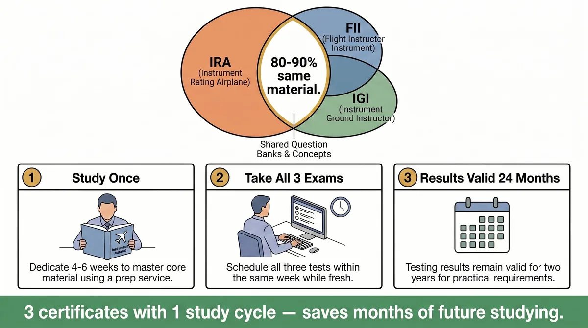 Venn diagram showing 80 to 90 percent content overlap between IRA Instrument Rating Airplane, FII Flight Instructor Instrument, and IGI Instrument Ground Instructor written exams, with three steps: study once for 4 to 6 weeks, take all 3 exams in the same week while material is fresh, and results valid for 24 months