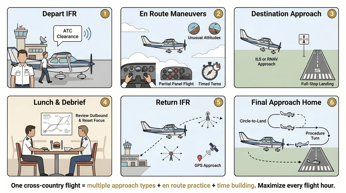Six-step cross-country training flight plan showing depart IFR with ATC clearance, practice en route maneuvers including unusual attitudes and partial panel, fly destination approach such as ILS or RNAV with full-stop landing, lunch and debrief to review outbound leg, return IFR with GPS approach, and final approach home with circle-to-land or procedure turn