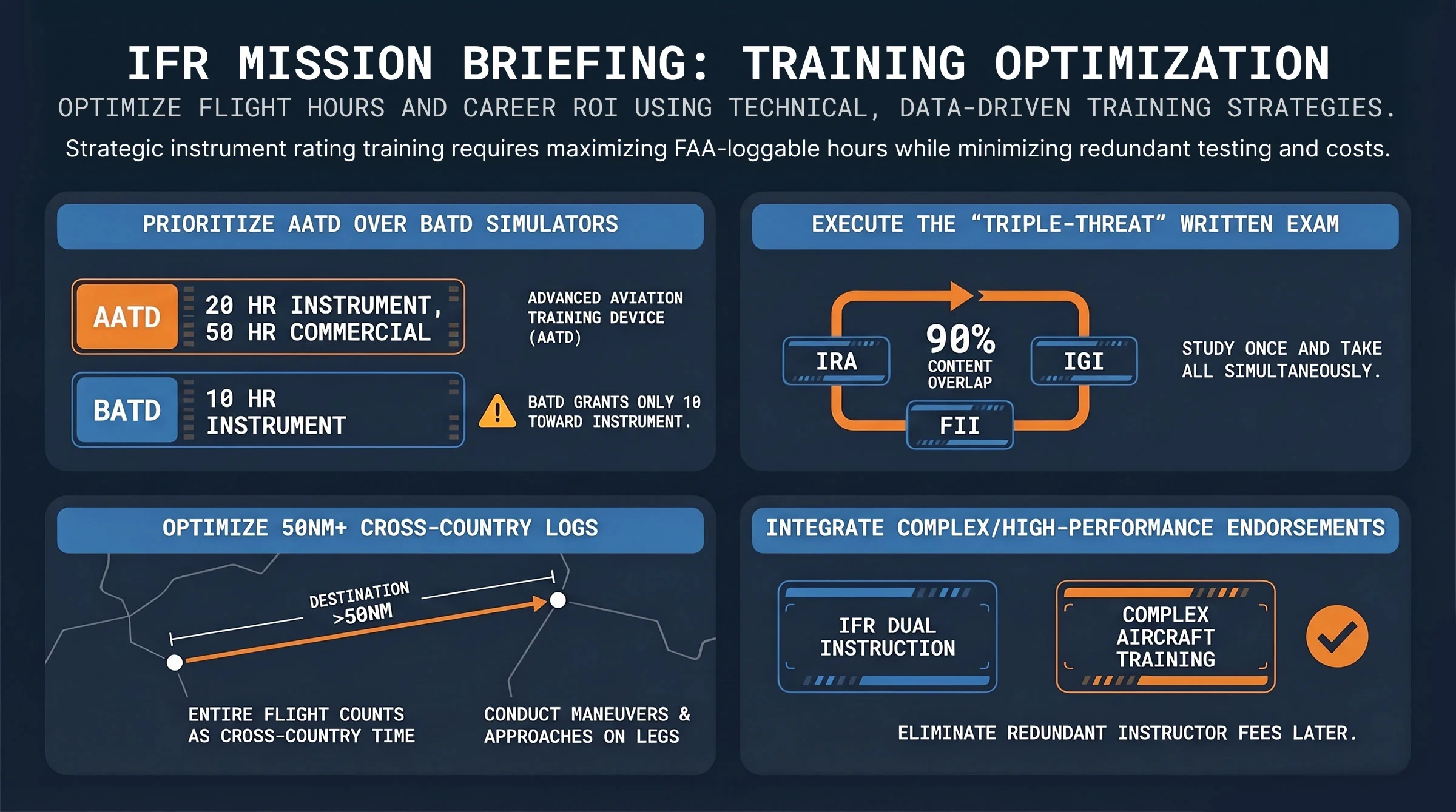 IFR Mission Briefing infographic showing four training optimization strategies: AATD over BATD simulators (20 hr instrument, 50 hr commercial vs 10 hr instrument), the triple-threat written exam approach with 90% content overlap between IRA, IGI, and FII, optimizing 50NM cross-country logs, and integrating complex aircraft endorsements during IFR dual instruction.