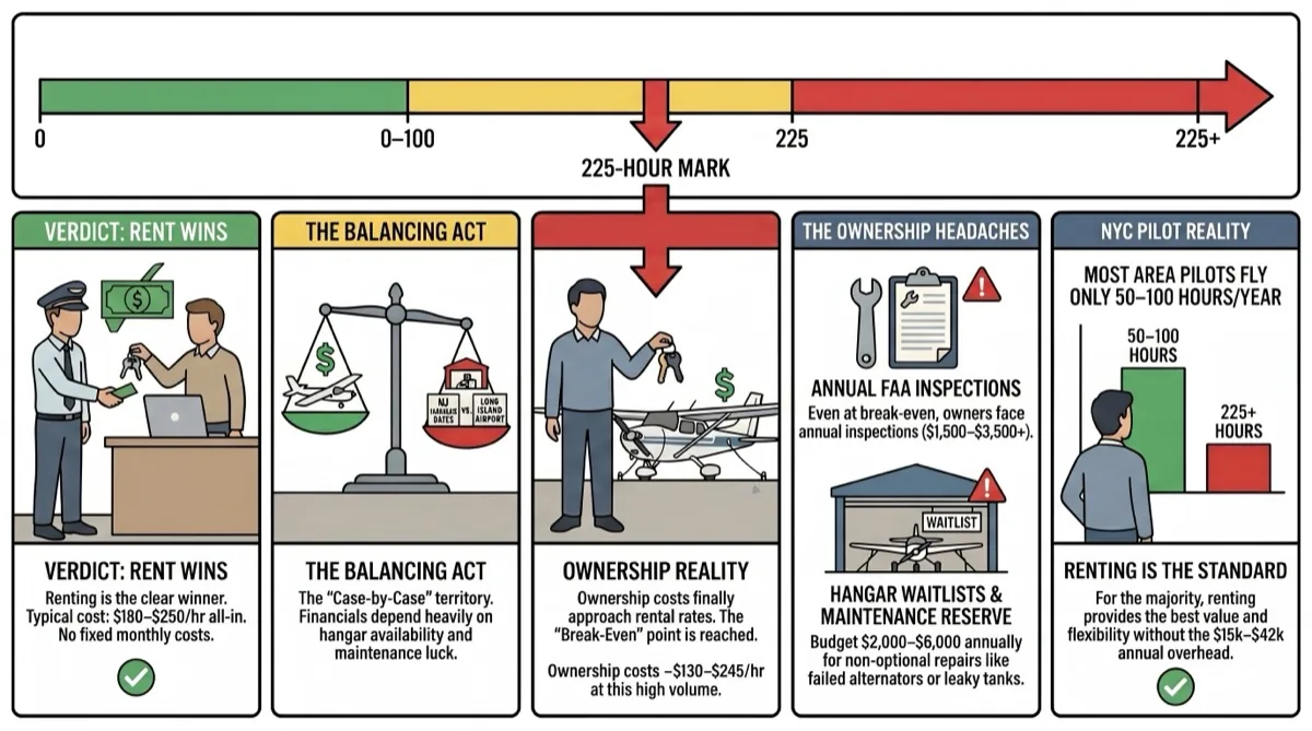 Break-even analysis comparing airplane ownership versus rental showing that ownership becomes cost-effective only above 100-150 flight hours per year in the NYC area