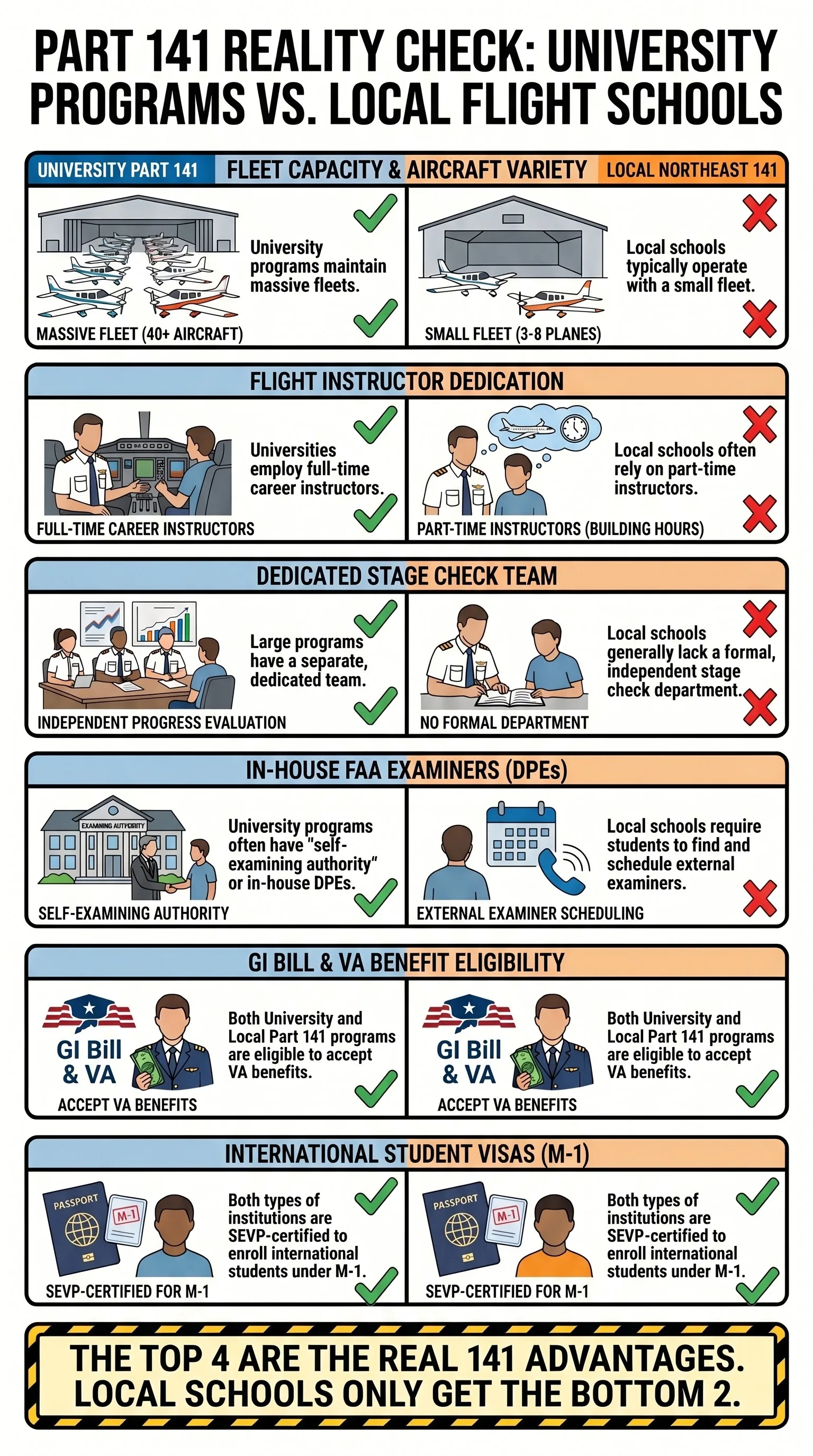 Reality check comparing university Part 141 programs versus local northeast Part 141 flight schools. University programs like Embry-Riddle have 40-plus aircraft, full-time instructors, dedicated stage check teams, and in-house examiners. Local northeast 141 schools have 3 to 8 planes, part-time instructors, and no in-house examiners. Both are eligible for GI Bill and M-1 visa. The top 4 advantages only exist at university programs.