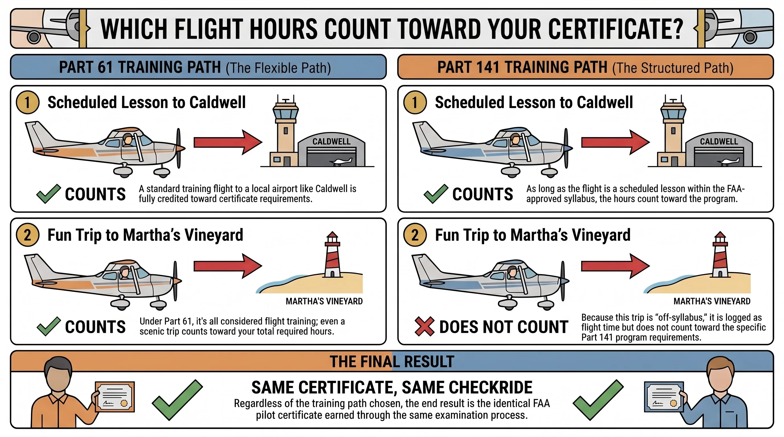 Comparison showing which flight hours count toward your pilot certificate under Part 61 vs Part 141. Under Part 61, both a scheduled lesson to Caldwell and a fun trip to Martha's Vineyard count toward your certificate. Under Part 141, the scheduled lesson counts but the Martha's Vineyard trip does not count toward 141 program requirements because it is off-syllabus. Both paths lead to the same certificate and the same checkride.