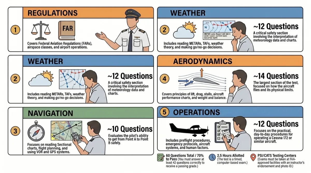 FAA Private Pilot Knowledge Test breakdown showing 60 questions, 2.5 hour time limit, 70% passing score, and question distribution by subject area