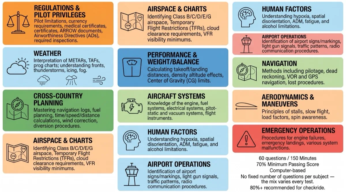 FAA Private Pilot Knowledge Test subject areas based on the Airman Certification Standards: regulations, weather, navigation, aircraft systems, aerodynamics, and human factors