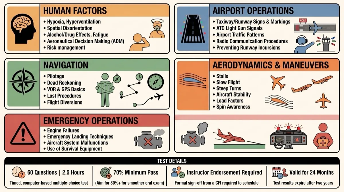 FAA Private Pilot Knowledge Test topic summary showing question distribution across regulations, weather theory, navigation, aircraft systems, human factors, and aerodynamics