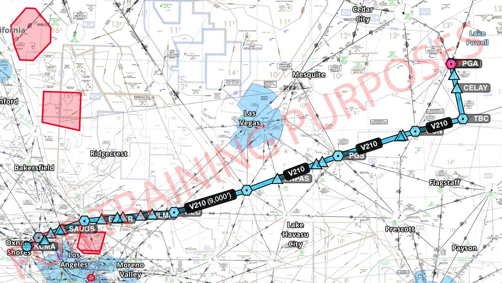 IFR cross-country route from Page Arizona to Camarillo California showing victor airways and GPS waypoints