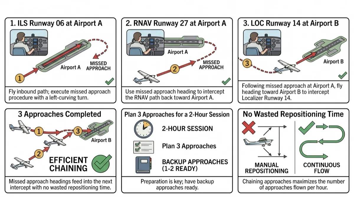 Efficient approach chaining strategy for IFR currency in a flight simulator showing how to chain multiple approaches at nearby airports to satisfy FAR 61.57 requirements in a single session