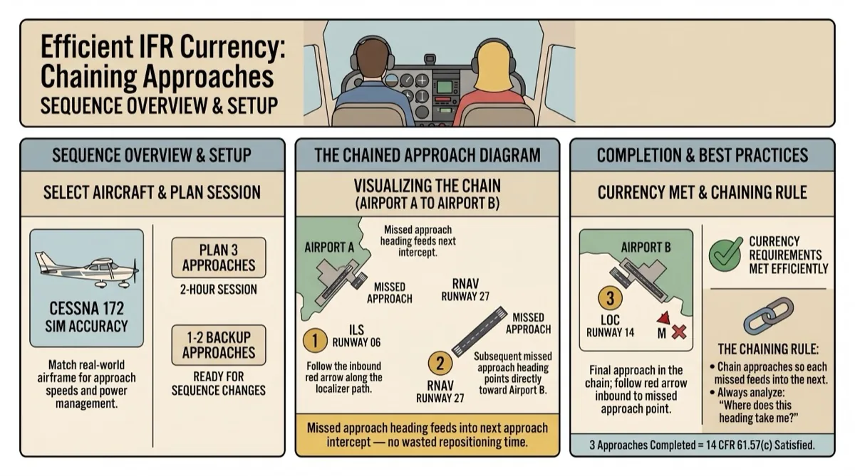 Solo IFR currency simulator session planning guide showing approach selection strategy, holding procedure placement, and how to satisfy all FAR 61.57 requirements in a single two-hour session