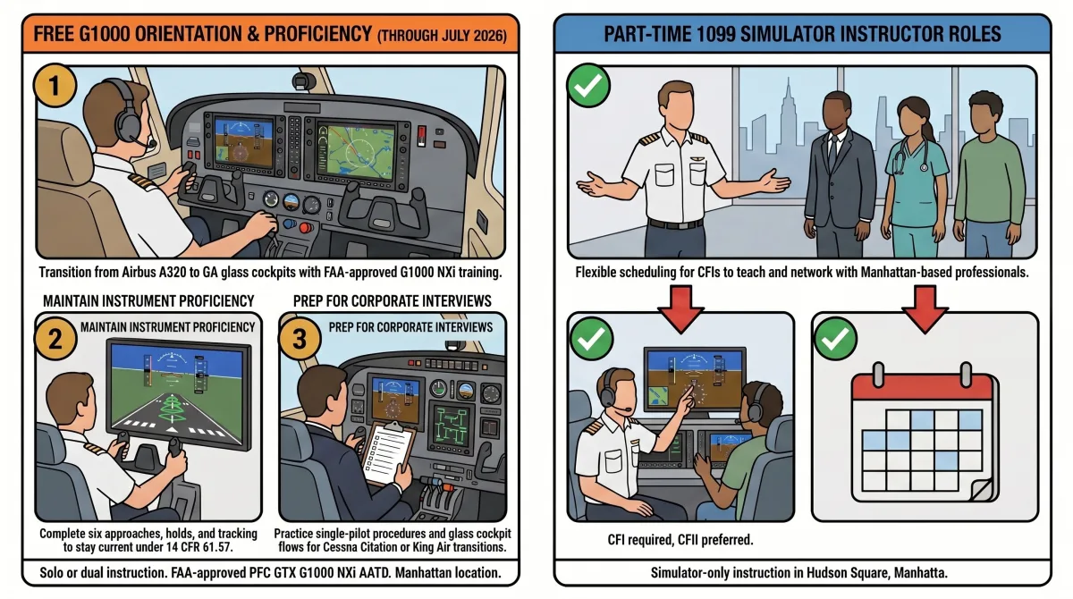 What Aviator.NYC offers Spirit Airlines pilots: free G1000 orientation and proficiency training through July 2026 (left panel) and part-time 1099 simulator instructor positions with networking opportunities (right panel) What Aviator.NYC offers Spirit Airlines pilots: free G1000 orientation and proficiency training through July 2026 (left panel) and part-time 1099 simulator instructor positions with networking opportunities (right panel)