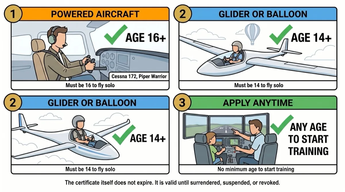 FAA minimum age requirements for student pilot certificates by aircraft type: 16 for airplanes and helicopters, 14 for gliders and balloons FAA minimum age requirements for student pilot certificates by aircraft type: 16 for airplanes and helicopters, 14 for gliders and balloons