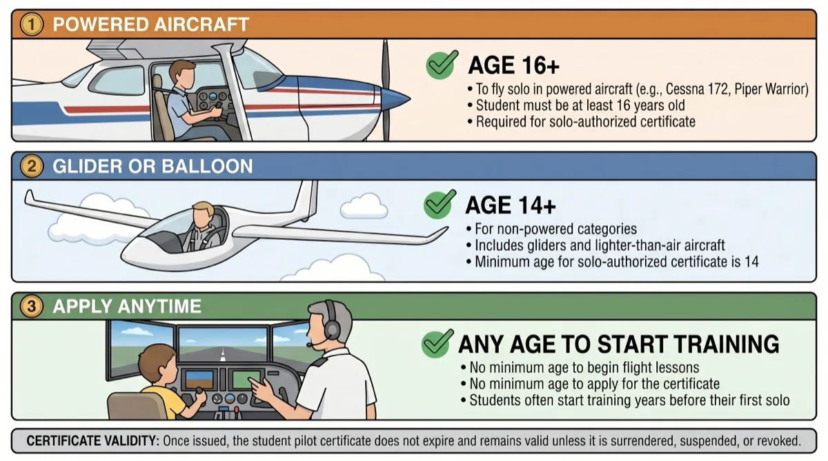 Timeline showing when student pilots can start training, apply for certificate, solo, and earn private pilot license by age Timeline showing when student pilots can start training, apply for certificate, solo, and earn private pilot license by age