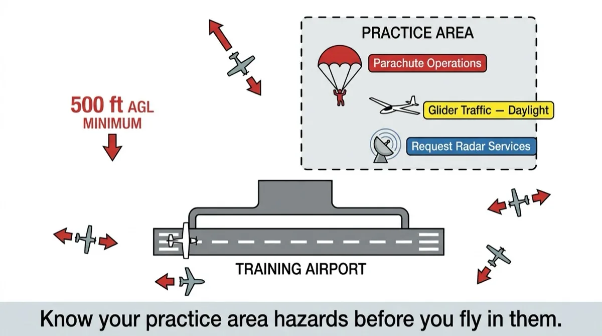 Practice area map showing hazards including parachute operations, glider traffic, and radar service areas near a training airport