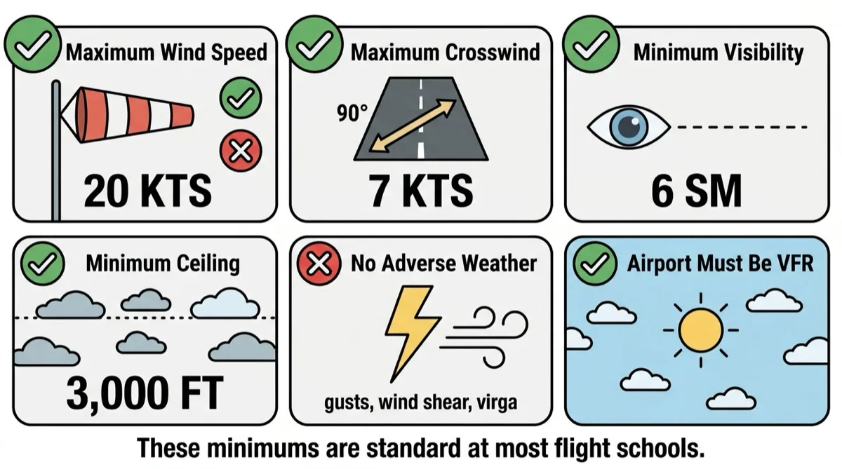 Student solo weather minimums showing maximum wind, crosswind, visibility, and ceiling requirements