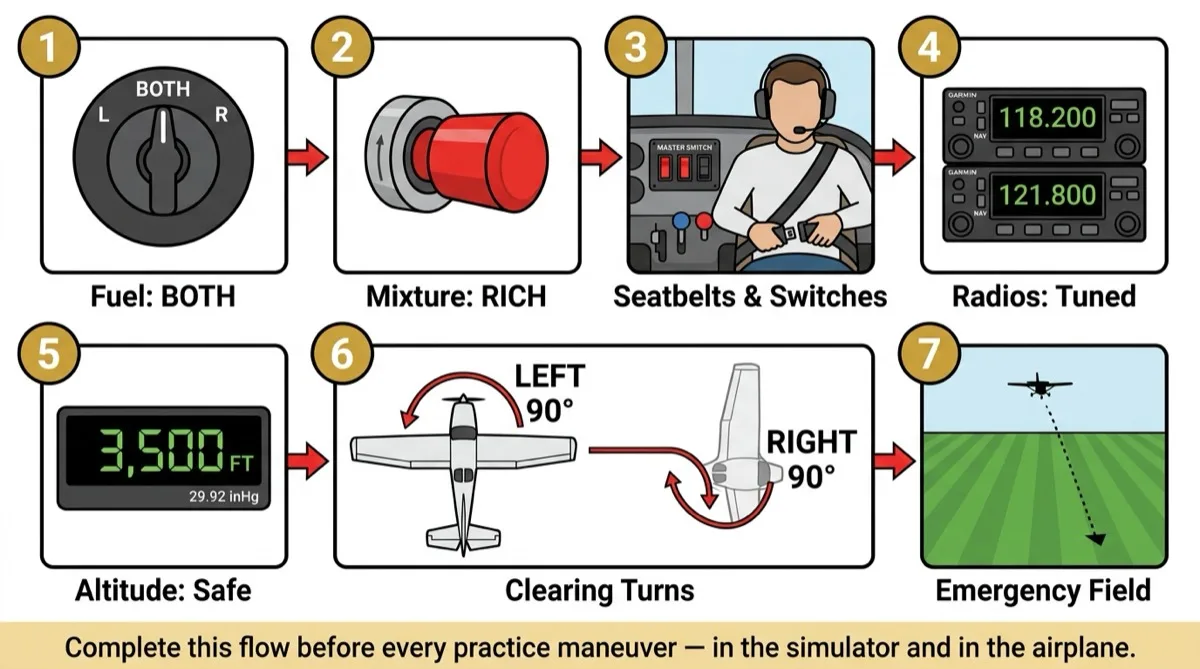 Seven-step pre-maneuver safety flow showing fuel, mixture, seatbelts, radios, altitude, clearing turns, and emergency field checks