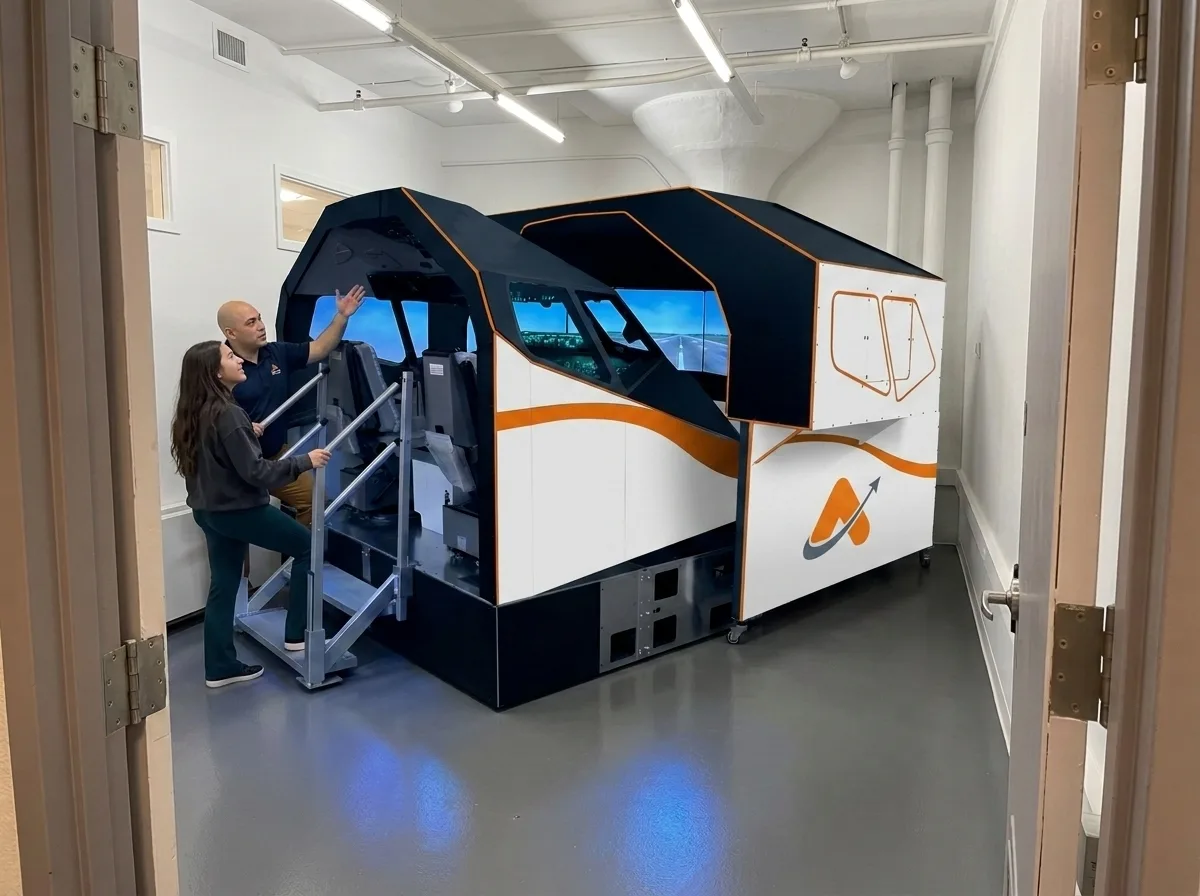 Rendering of a Boeing 737 flight simulator installed at Aviator.NYC training facility in Manhattan