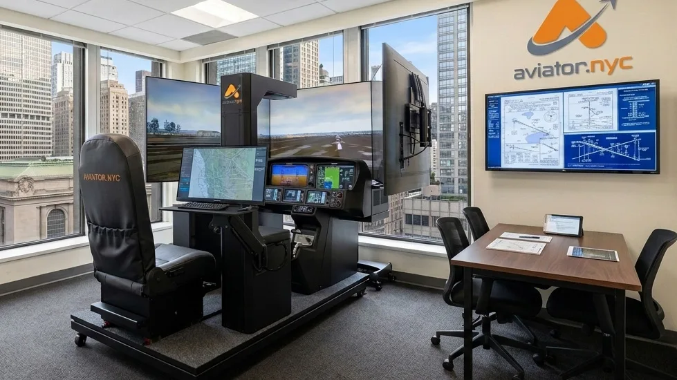 Cirrus G3000 flight simulator with Garmin Perspective Touch+ avionics installed in Aviator.NYC training suite near Grand Central Terminal, Midtown Manhattan — triple-monitor display, instructor briefing station, and NYC skyline views