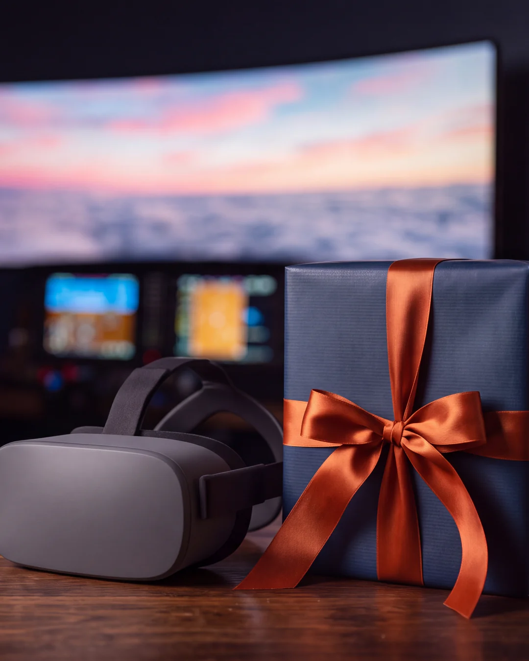 A wrapped gift with an orange ribbon beside a VR visor, in front of a glowing simulator cockpit