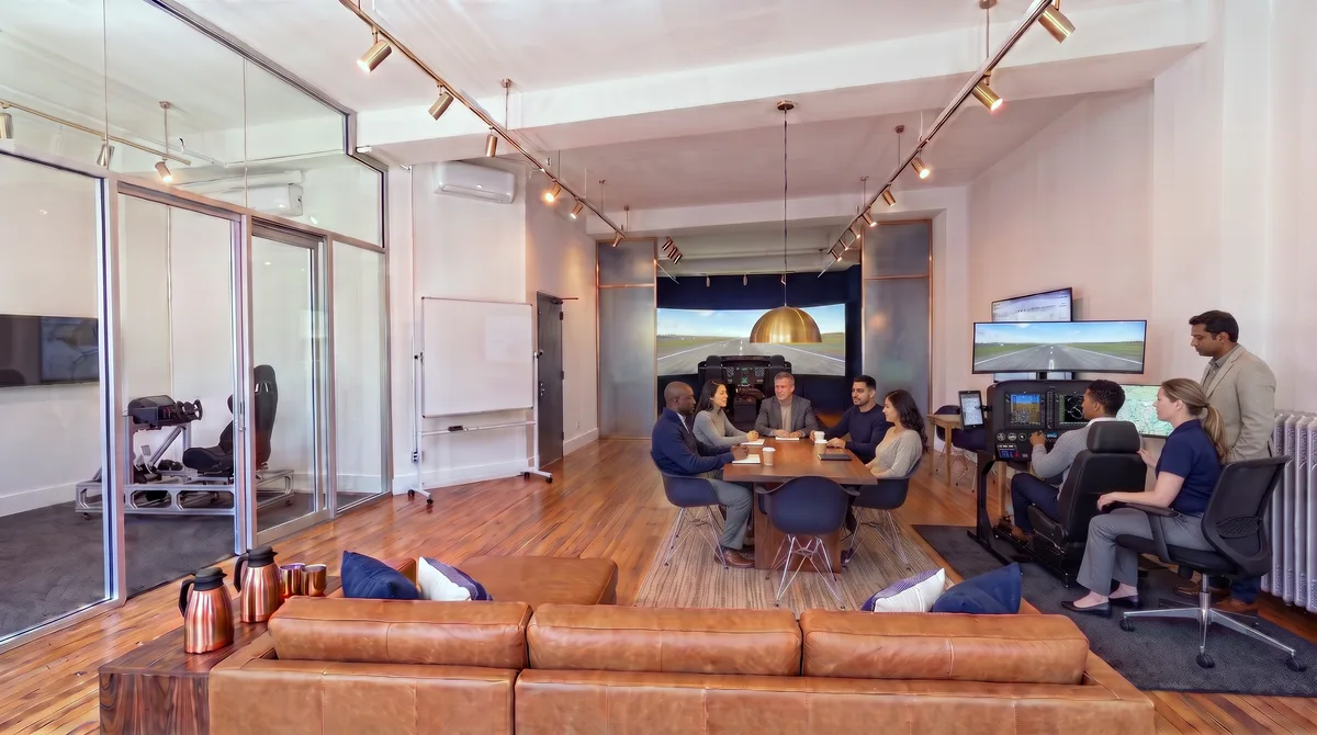 AI-generated rendering of a corporate team event in the planned Midtown studio, with colleagues around the conference table and three more at the G1000 flight simulator station, and the two VR motion simulators inside the glass room; the people shown are AI-generated subjects