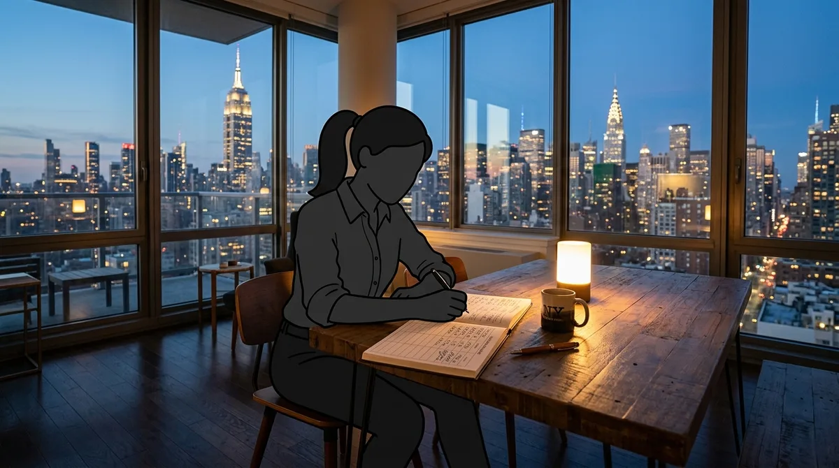 Pilot filling out a flight logbook in a Manhattan apartment with NYC skyline at blue hour
