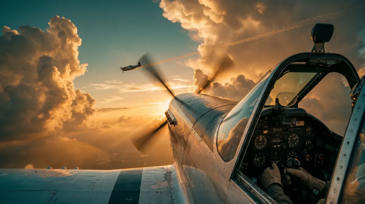AI-generated preview of the P-51 Mustang formation experience: cockpit view banking through golden clouds alongside a second Mustang