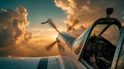 AI-generated preview of a P-51 Mustang formation flight, banking through golden clouds beside another airplane