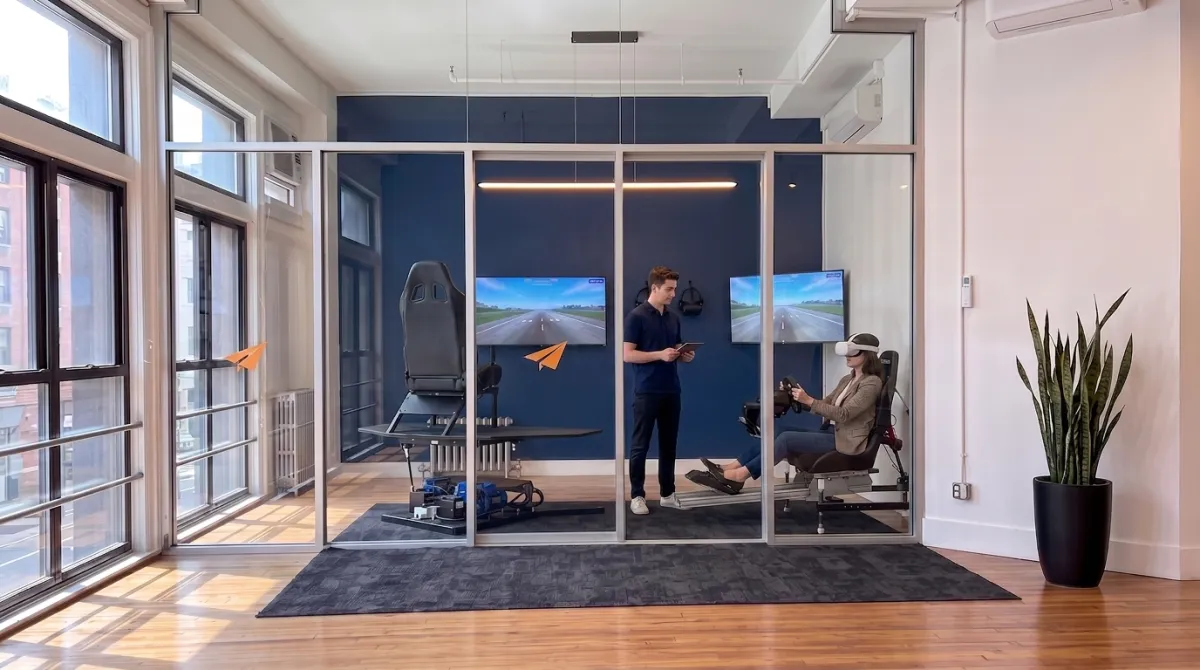 AI-generated preview of a session: a guest flying the motion VR simulator with a headset and flight yoke while the operator watches